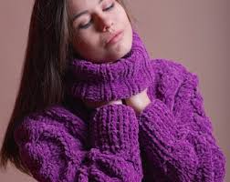 Fluffy Velvet Sweater, Handknit Merino Turtleneck Jumper, Chunky Women  Pullover, Comfy Purple Sweater, Warm Wool Jumper, Sustainable Fashion
