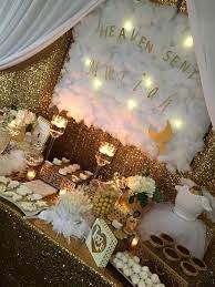 Look for beige or white invitations with embossed lettering and trimmed in silver and gold with touches of heavenly swirls, feathers and delicate designs. Heaven Sent Baby Shower Party Ideas Photo 42 Of 43 Heavenly Baby Shower Angel Baby Shower Baby Shower