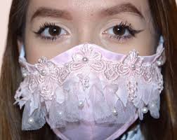 Lolita style face mask/ fancy pink or beige taffeta mask embellished with  lace flowers and pearls tulle trim