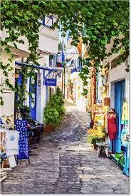 graphic message tuin schilderij op outdoor canvas griekse steeg griekenland buiten griekenland schilderij canvas