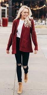 100 Fantastic Winter Outfits To Inspire You Red Jacket White Shirt And Distressed Black Denim Je Winter Outfits Winter Fashion Outfits Black And White Shirt