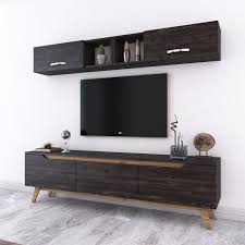 Rani D1 Duvar Rafli Kitaplikli Tv Unitesi Duvara Monte Dolapli Ahsap Ayakli Tv Sehpasi Siyah Ceviz M4 Mobilya Duvar Tv Unitesi