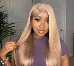 Milk tea blonde gluless wig 26in side part Human hair W synthetic blend  Precut