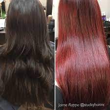 Before After Long Brown Hair To Deep Red Wine Hair Using Magma By Wella Hair Color Experts Color Correction Hair Wine Hair