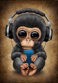 Chimpanzee Dj With Headphones And Cell Phone By Jeff Bartels Cute Drawings Cute Animal Drawings Cute Baby Animals