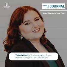 Congratulations to Belmont Law alumna Victoria Gentry ('15) for being named  Contributor of the Year by the Nashville Bar Journal! As the owner and  managing attorney of The Immigration Group, Victoria leads