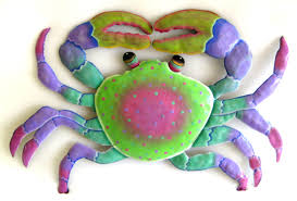 Crab art, shrimp, and lobster wall art. Hand Painted Metal Crab Decor Tropical Wall Decor