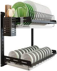 Showing results for wooden wall plate racks. Amazon Com Kitchen Dish Rack Hanging Drying Plate Organizer Storage Shelf Over The Sink Junyuan 2 Tier Wall Mount Bowl Holder With Drain Tray With 3 Hooks Stainless Steel Black Coating 2 Tier