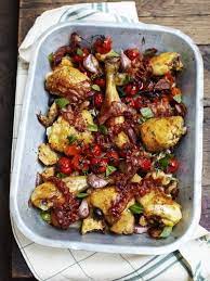 Chicken Thigh Tray Bake Recipe Jamie Oliver Chicken Recipe Recipe Baked Dinner Recipes Tray Bake Recipes