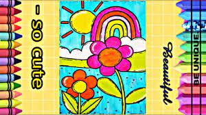 draw landscap with rainbow and a flowers تعليم الرسم رسم منظر طبيعي rainbow draw cute