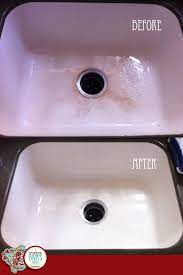 To clean stains on white porcelain kitchen sink. How To Get Your Sink Bright White Again This One Really Works Can T Believe I Ve Been Living With My Sink St Clean Sink Diy Cleaning Products Cleaning Hacks