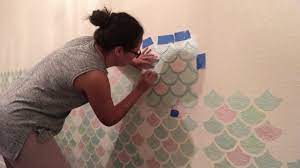Let this base coat dry thoroughly before placing the. How To Stencil Mermaid Scale Wall Easy On A Budget Youtube