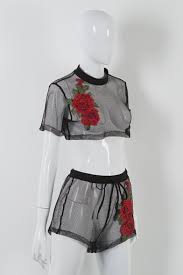 Shop the latest collections from dkny and donna karan. Womens Sexy Black Fishnet Floral Print Patterns Short Sleeve Round Neck Cropped Tee With Elastic Shorts Two Piece Set Beautifulhalo Com