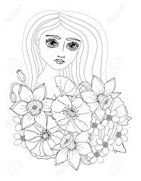 Download the perfect black and white pictures. Portrait Young Beautiful Girl With The Long Hair And Flower Coloring Page Black Line Art Element For Adult Coloring Book Page Design Child Magazine Shirt And Other Royalty Free Cliparts Vectors And