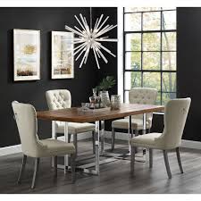 Modern farmhouse welling upholstered dining chair stylishly defined by its simple square lines, decorated with the vintage faux leather seat, embellish with upholstery material: Theo Tufted Dining Chair Nailhead Trim Set Of 2 Transitional Dining Chairs By Inspired Home