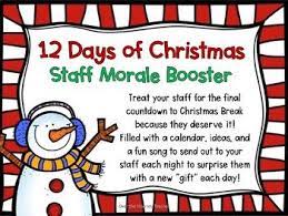 Make The Final 12 Days Of The Semester Fun For Your Staff By Treating Them With An Exciting Co Morale Booster Staff Christmas Party Ideas Christmas Spirit Week