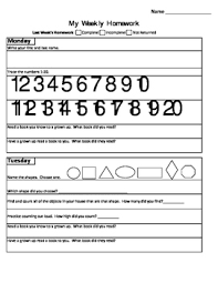 Parent letter (explaining the monthly homework. Pre K Weekly Homework Worksheets Teachers Pay Teachers