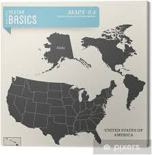 More about alaska state geography of alaska area the state covers an area of 1 723 337 km 665 384 sq mi and is the largest of all us states. Leinwandbild Karte Von Dem Amerikanischen Kontinent Und In Den Usa Mit Hawaii Und Alaska Pixers Wir Leben Um Zu Verandern