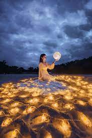 Beautiful Woman With Moon And Lights Sunlight Photography Moonlight Photography Moon Photography