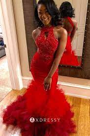 Halter Neck Red Lace Ruffled Tulle Prom Dress Xdressy