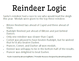 The challenge on this cute, christmas themed logic puzzle is to determine the gift, age and favorite drink of various christmas characters including santa, mrs claus, the head elf, and the gingerbread man. Reindeer Logic A Printable Christmas Puzzle Math Love
