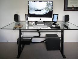 Black And White Computer Table Design Modern Glass Top Computer Desk Design With White Keyboard And Speakers Set Also Beautiful Handle Computer Desk Design Glass Computer Desks Modern Computer Desk