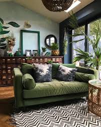 Green Sofa And Accents Plants And Vintage Library Chest In This Eclectic Living Room Eclectic Living Room Eclectic Home Home