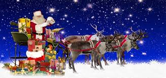 Arrivée du pere noel dans son traîneaux tiré par les rennes et plein de cadeaux Traineau Du Pere Noel Tire Par Ses Rennes Volants