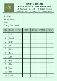 Support transaksi dengan menggunakan alat barcode scaner demikian penjelasan tentang download aplikasi pembayaran iuran sekolah gratis semoga bisa menjadi bahan referensi untuk anda. Contoh Kartu Spp Paud Pembayaran Iuran Anak Didik Paud Paud Jateng