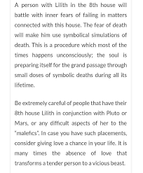 Lilith's position in the natal chart tells where you meet your shadow self. The Affects Of Black Moon Lilith In The Eigth House Of Sex And Regeneration Zodiac Amino