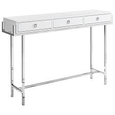 The cane details on the front drawer and each side give this natural brown accent table stunning artistry, adding interest and appeal to your room. Monarch 3 Drawer Accent Console Table In White And Chrome I 3297