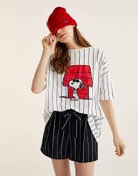 Pull Bear Woman New Striped Snoopy T Shirt White 09235314 I2017 Snoopy Clothes Snoopy T Shirt Women Nightwear
