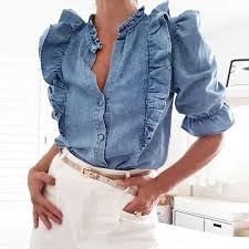 High quality blue denim fabric. Women Fashion Ruffles Puff Sleeve Denim Blouse Lady Retro Court Style High Street Elegant Slim Fit Casual Jeans Shirt 2019 New Blouses Shirts Aliexpress