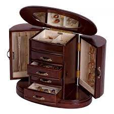 Wooden Jewelry Box In Walnut Finish Rounded Design Interior Mirror In 2021 Wooden Jewelry Boxes Wood Jewelry Box Standing Jewelry Armoire