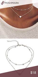 Silver Little Heart Double Chain Necklace Double Horn Pendant Heart Pendant Necklace Double Chain Necklace