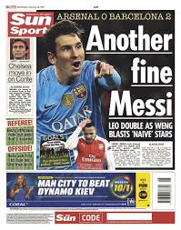 By using newspaper club's website, you consent to our. Barcelona Lionel Messi Dominates The Sports Pages After Scoring Both Goals In A 2 0 Win Against Arsenal Goal Com