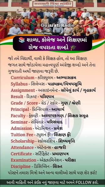 શાળા, કોલેજ અને શિક્ષણમાં રોજ વપરાતા શબ્દો |Words used daily in school, college and education | Gujarati Radio , #GujaratiRadio #gujarati #Education #SchoolLife #Vocabulary knowledge EnglishToGujarati ...