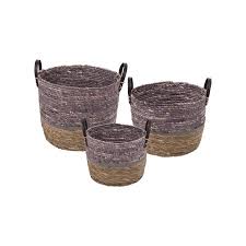 Foreside Home And Garden Foreside Home Garden Set Of 3 Purple Natural Cattail And Faux Leather Decorative Storage Baskets Handle Baskets Set Of 3 Walmart C In 2020 Decorative Storage