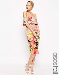 We've got breezy frocks in pastel and earthy hues perfect for beach weddings and other destination nuptials. Asos Tall Wedding Bardot Midi Dress In Floral Print Barn Wedding Guest Dresses Dresses Bardot Midi Dress Asos Wedding