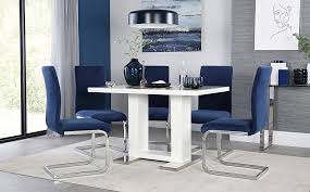 Browse value city furniture for a great selection of dining room furniture at affordable prices. Joule White High Gloss Dining Table With 4 Perth Blue Velvet Chairs Furniture And Choice