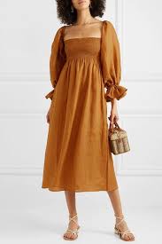 Brown Atlanta Off The Shoulder Shirred Linen Midi Dress Sleeper Strapless Casual Dress Dresses Midi Dress