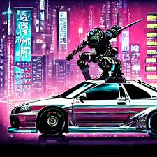 prompthunt: beautiful hyper-detailed full colour manga illustration of a  robot ninja warrior with a sword, standing on top of a modified Nissan  skyline r34, cyberpunk, dystopian, neon, rain