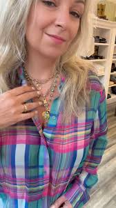 The coolest new top to pair with your favorite light wash denim and summery  turquoise jewelry just arrived! Dreamy chiffon printed with a plaid of  saturated, summery blues, pinks and greens. So cute ...