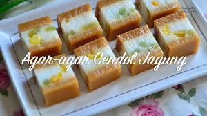 Bahan perasa jagung, 1 buah jagung manis, 1 gelas air, bahan pengental, 1 bungkus agar agar plan (swallow), 150 santan, 3 gelas air, 8 sdm gula pasir, 2 sdm maizena, 1 sdt vanili. Resepi Agar Agar Cendol Jagung Agar Agar Santan Youtube