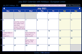 Free to download and print. July 2021 Calendar With Holidays European Union And Member Countries