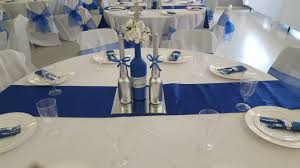 Centerpiece White Tablecloth Royal Blue Satin Table Runner Rectangle Mirror White And Silver Rimmed Pl Blue Table Runner White Table Settings White Table Cloth