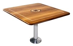 Teak Fixed Height Yacht Table 32 X 32 With Compass Rose Inlay And Maple Border Inlay High Gloss Epoxy Finish Teak Yacht Boat Table Yacht Club Decor