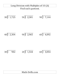 Long Division By Multiples Of 10 With Remainders Large Print Long Division Math Drills Division Worksheets