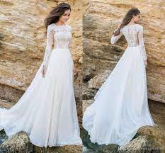 2020 Vintage Beach Long Sleeves Wedding Dresses Chiffon Lace Applique Hollow Back Ru Wedding Dress Long Sleeve Plus Wedding Dresses Chiffon Wedding Dress Beach