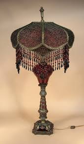 Cream Puff Shaped Shade Is Burgundy Covered With Metallic Shot Black Lace And Sits On A Beautiful Tab Victorian Lampshades Victorian Lamps Rustic Lamp Shades